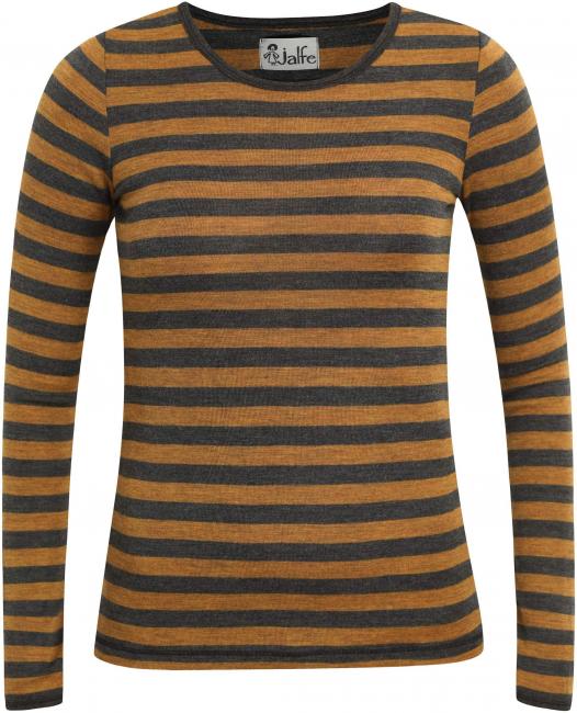 Wolle-Damenshirt Langarm gestreift Mustard/Anthrazit von Jalfe