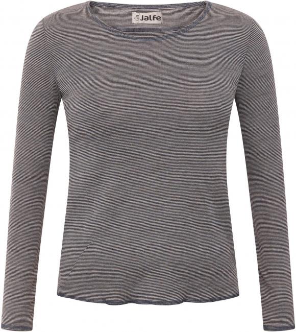 Vorbestellung: Wolle-Damenshirt Langarm fein gestreift Natur/Jeansblau von Jalfe