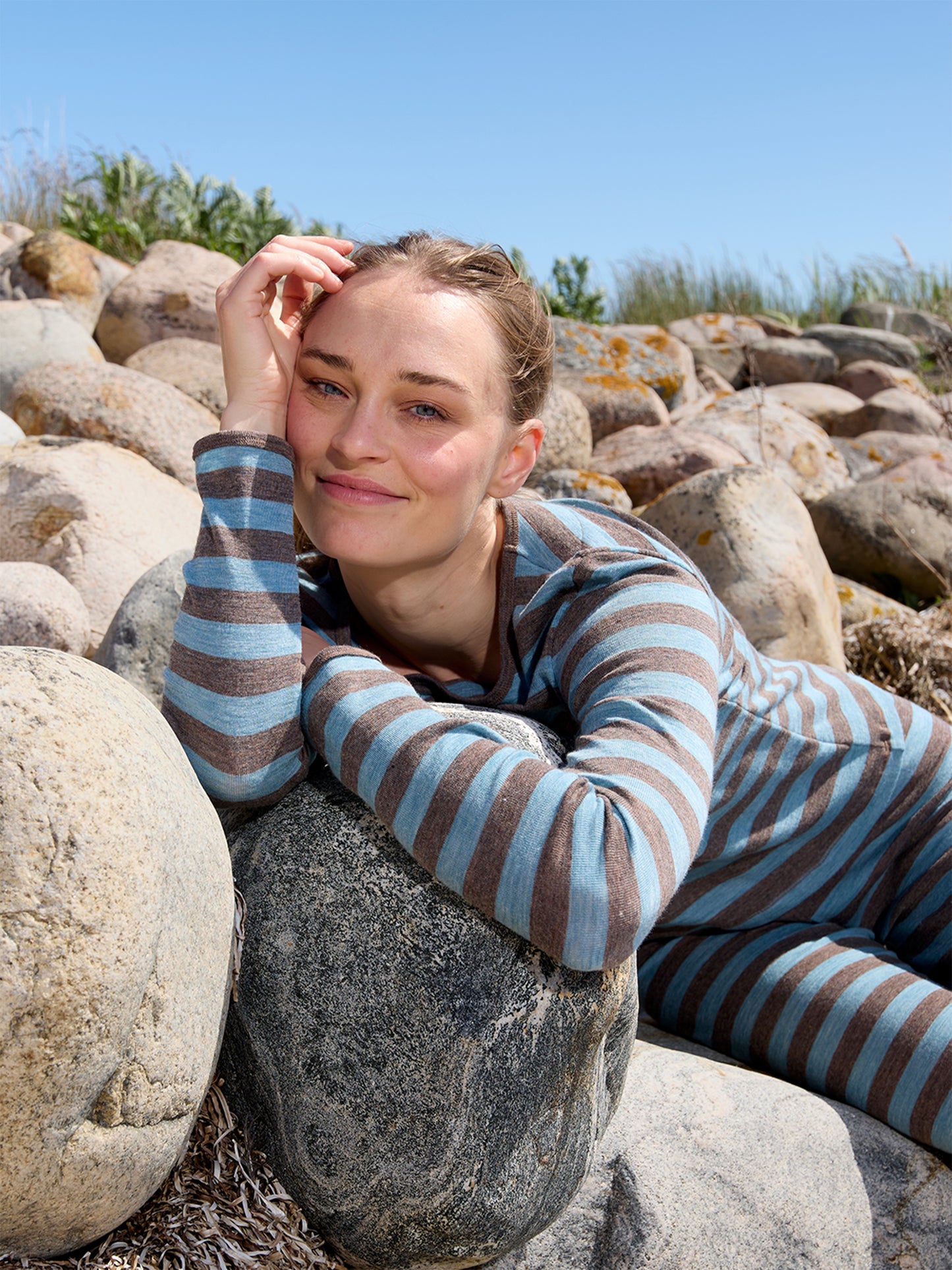 Wolle-Shirt breit gestreift Wood-Aqua Melange