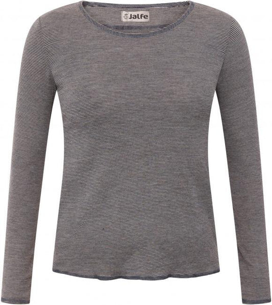 Vorbestellung: Wolle-Damenshirt Langarm fein gestreift Natur/Jeansblau von Jalfe