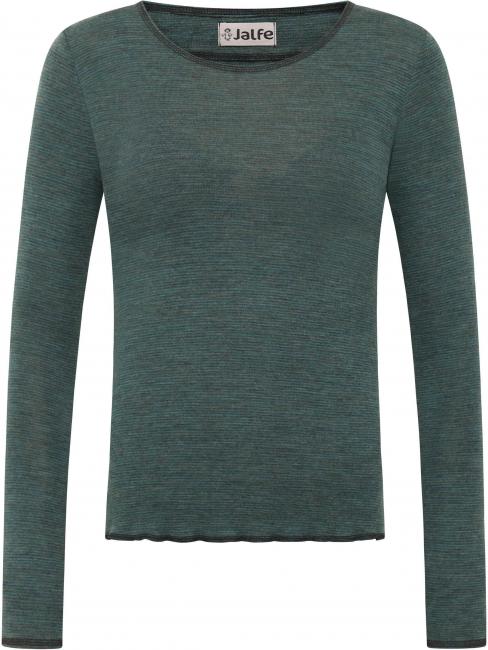 Vorbestellung: Wolle-Damenshirt Langarm fein gestreift Türkis/Pine von Jalfe