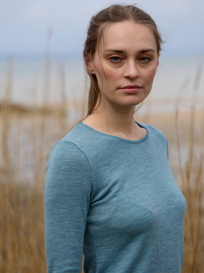 Wolle-Damenshirt Langarm  in Aqua Melange