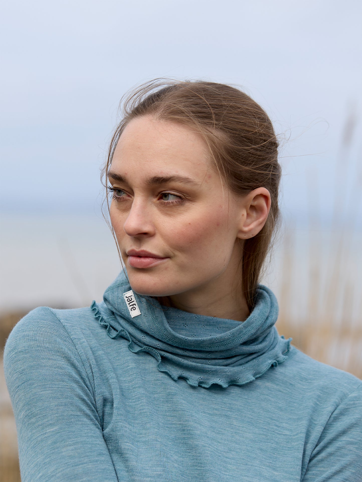Wolle-Damenshirt Langarm  in Aqua Melange