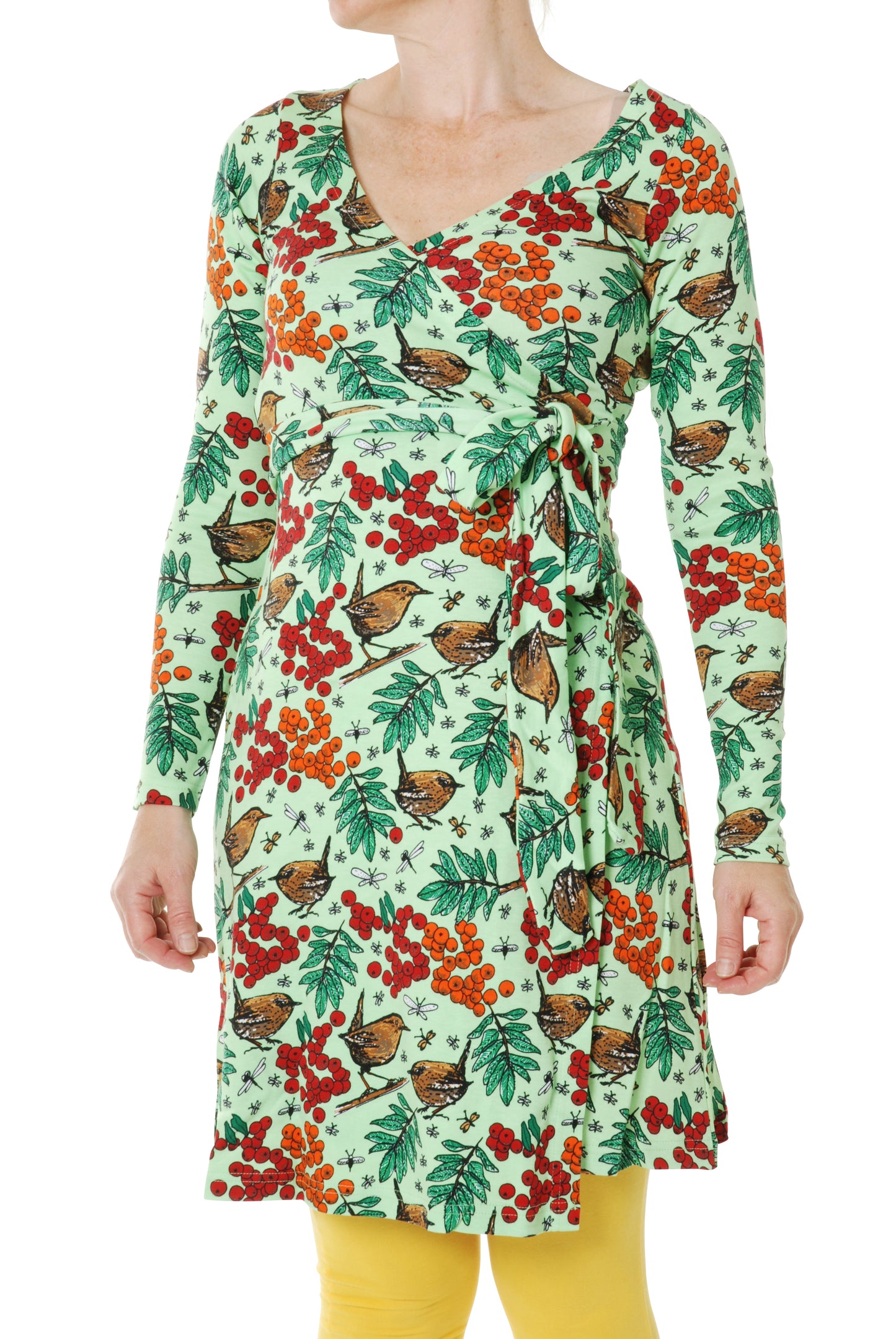 SALE -50%: Wickelkleid für Damen mit Vogelbeeren auf sanftem Grün von DUNS
