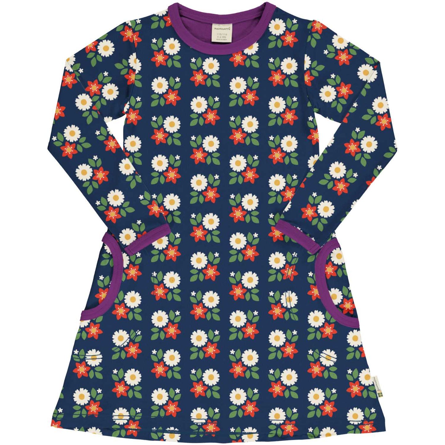 SALE: Langarm-Kleid mit Blumen auf Dunkelblau von Maxomorra