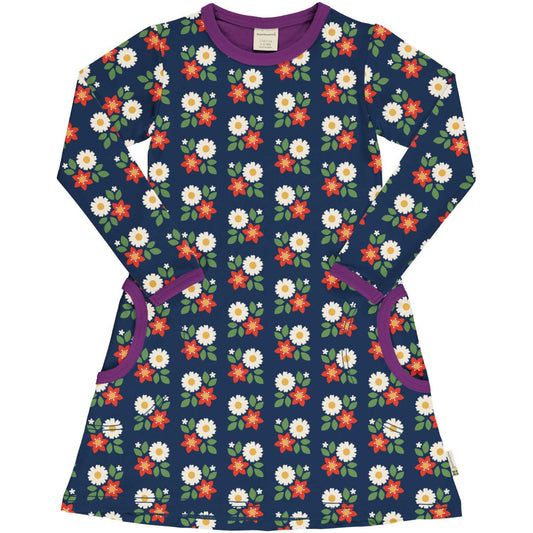 SALE: Langarm-Kleid mit Blumen auf Dunkelblau von Maxomorra