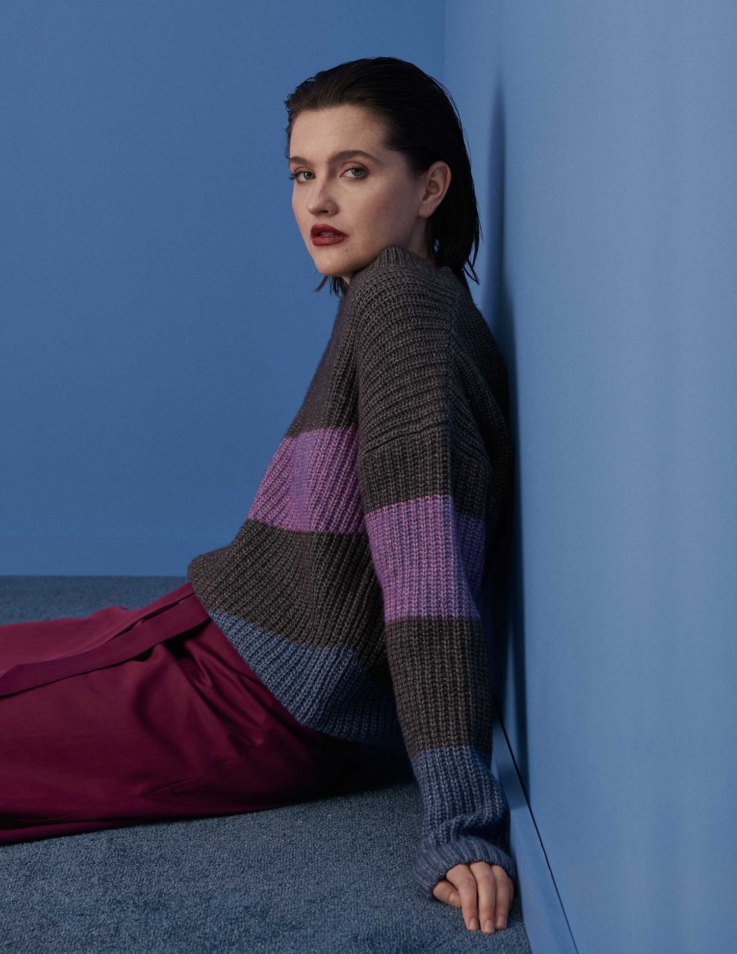 SALE -50% Woll-Pullover gestrickt in Grau/Violet/Blau von Organication