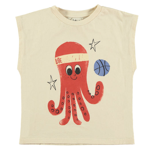 SALE: T-shirt ohne Ärmel in Offwhite mit Basketball-Oktopus von Lötiekids