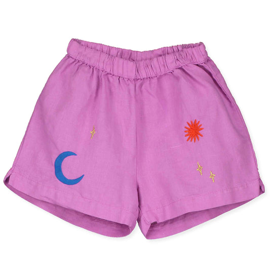 Leinen-Shorts Mond und Sterne in Magenta von Lötiekids