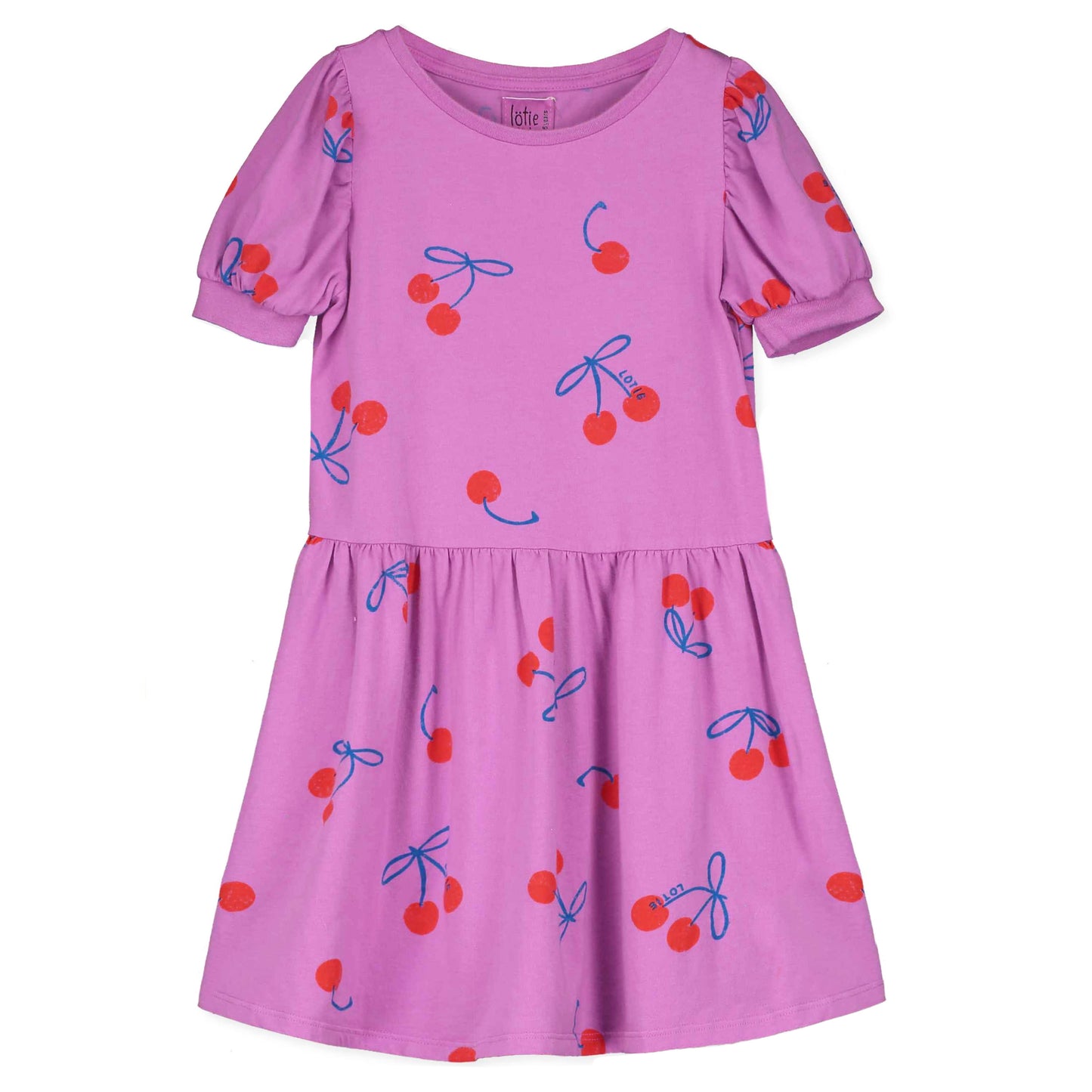 Kurzarm-Kleid mit Kirschen auf Magenta von Lötiekids