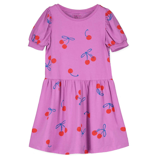 Kurzarm-Kleid mit Kirschen auf Magenta von Lötiekids