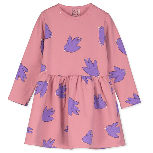 Langarm-Kleid mit Vögel auf Rosa von Lötiekids