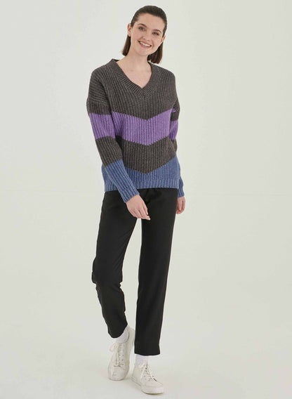 SALE -50% Woll-Pullover gestrickt in Grau/Violet/Blau von Organication